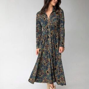 NATURAL LIFE Navy Floral Maxi Dress with Mustard and Olive Accents